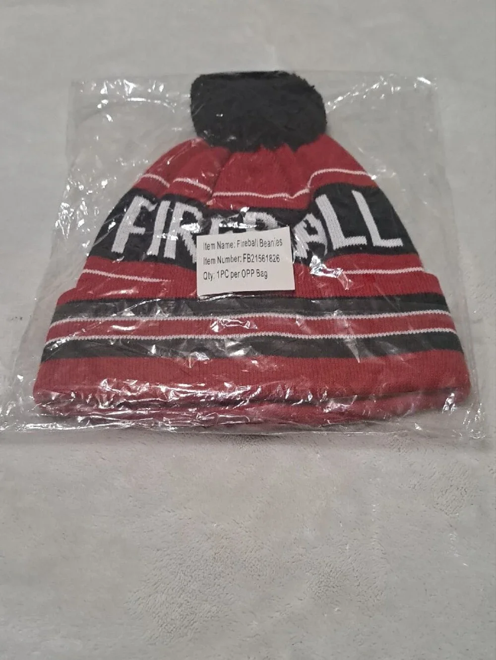 Red Cinnamon Whiskey 'Fireball' Pom Beanie Hat with Black Pom New in Packaging